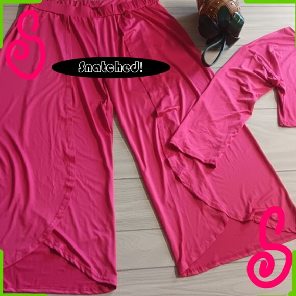 Plus Size Women Solid Color Off-Shoulder Long Sleeve Blouse And Slit Pants Set - Picture 1 of 15